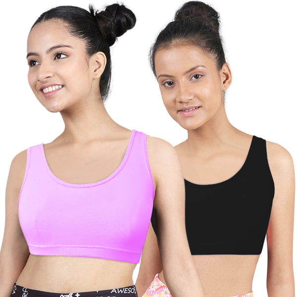 DOUBLE-LAYER BROAD STRAP COTTON SPORTS BRA | NON PADDED BEGINNER BRA FOR GIRLS & YOUNG WOMEN | NEON GREEN & BLACK PACK OF 2 - D'chica