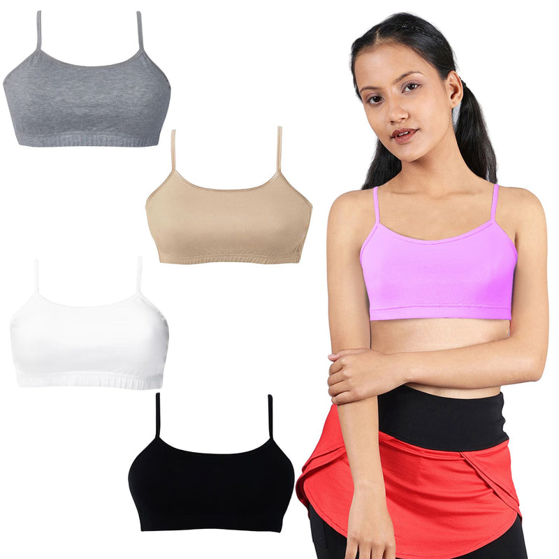 DOUBLE-LAYER THIN STRAP COTTON ATHLETIC BRAS | NON PADDED BEGINNER BRA FOR GIRLS & YOUNG WOMEN | MULTICOLOUR PACK OF 5