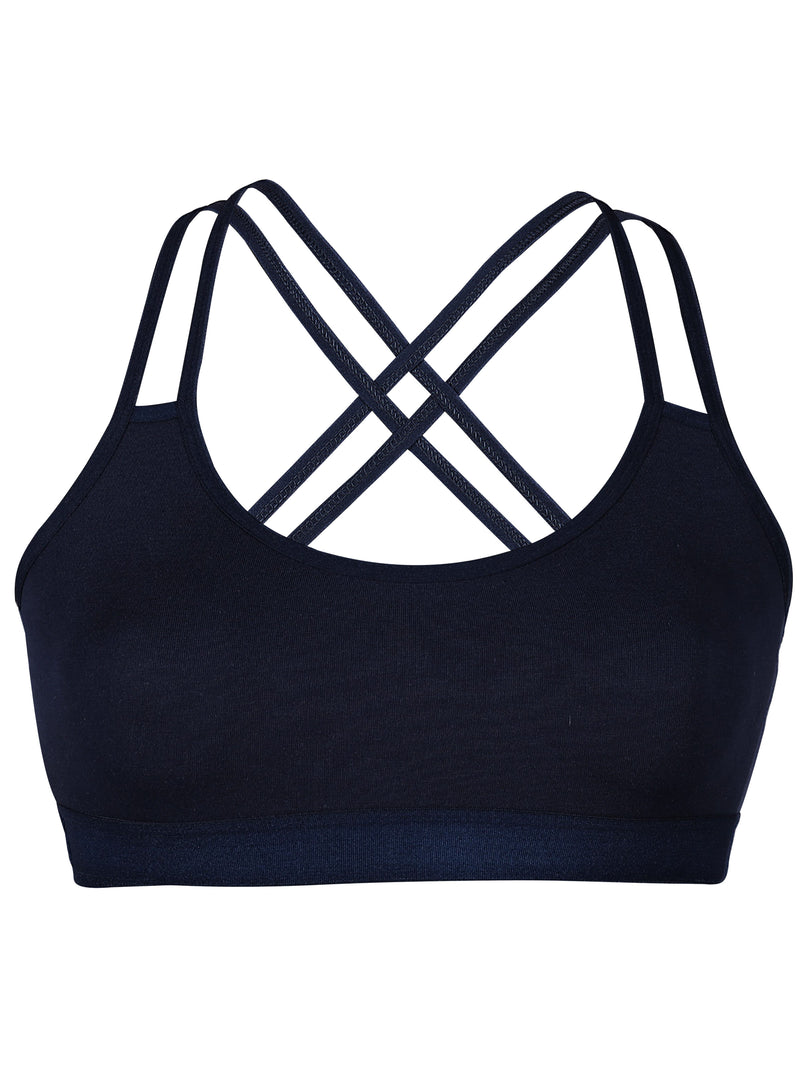 Criss Cross Back Cotton Sports Bra For Girls | Removable Pads | Elasticated Underband | Good Support | Full Coverage Bra Pack Of 1 | Navy Blue Workout Bra