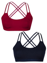 Criss Cross Back Cotton Sports Bra For Women | Removable Pads | Elasticated Underband | Good Support | Full Coverage Bra Pack Of 2 | Maroon & Navy Blue Workout Bra