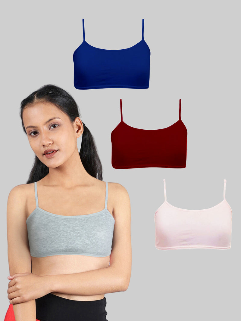 Girls Single Layered Thin Strap Non Wired Full Coverage Cotton Starter Bra | Pack of 4 Grey, Blue, Maroon & Pink Bra