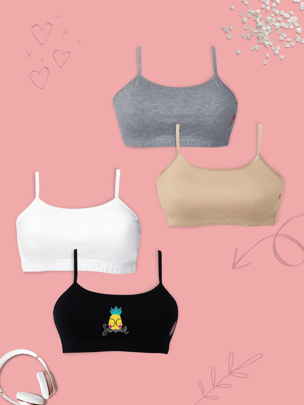 D'chica Set of 4 Beginner Sports Bras For Girls Basic Colors & Summer Print