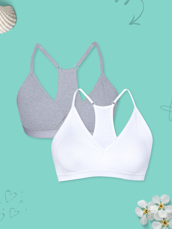 V-Neck Padded Everyday Bra with Removable Cups & Adjustable Straps | Pack of 2 Grey & White Bra