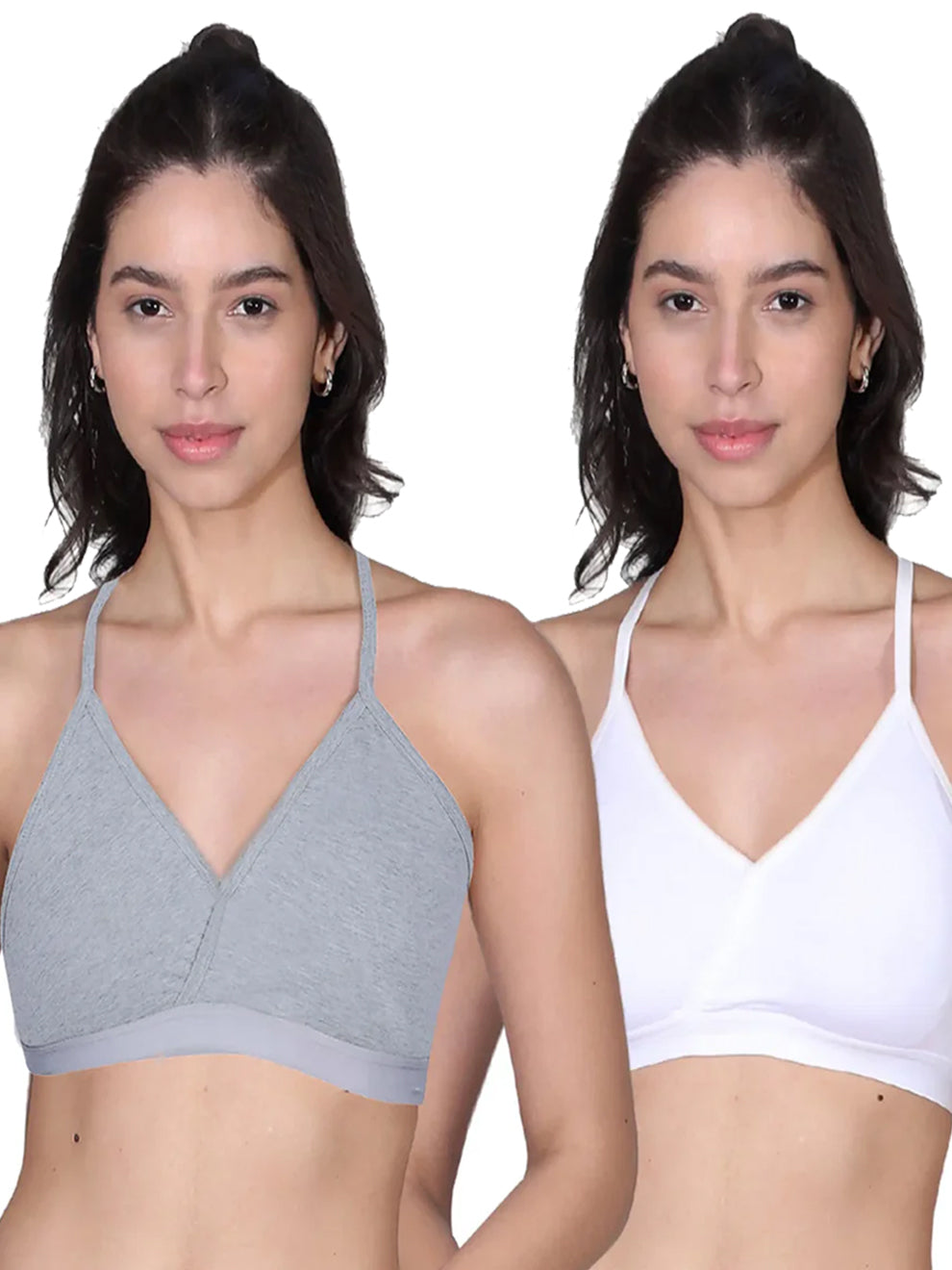 Everyday V-Neck Bra in Grey & White with Removable Padding & Adjustable Straps