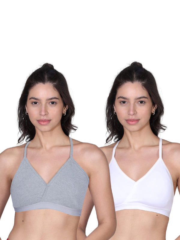 V-Neck Padded Everyday Bra with Removable Cups & Adjustable Straps | Pack of 2 Grey & White Bra