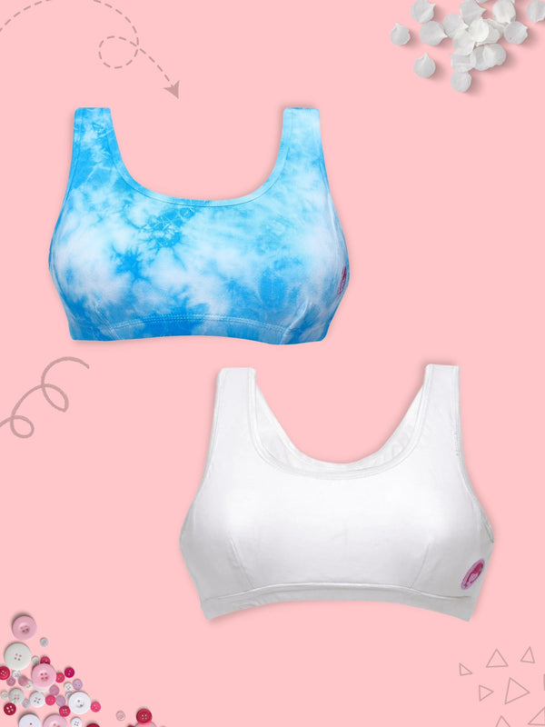 Double-layer Broad Strap Cotton Gym Bra | Non Padded Beginner Bra For Women |  Blue tie & Dye Print & White Athleisure Sports Bra pack 2