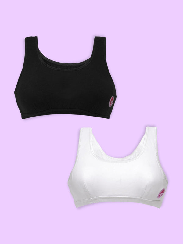 Double-layer Broad Strap Cotton Gym Bra | Non Padded Beginner Bra For Young Women |   Blue tie & Dye Print,Black,White,Skin & Grey Athleisure Sports Bra pack 5