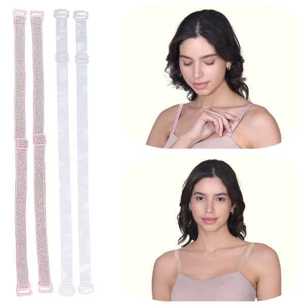 Adjustable Nylon Elastane Bra Strap For Women | Durable Straps for Bra | Transperent & Silver Pack of 2