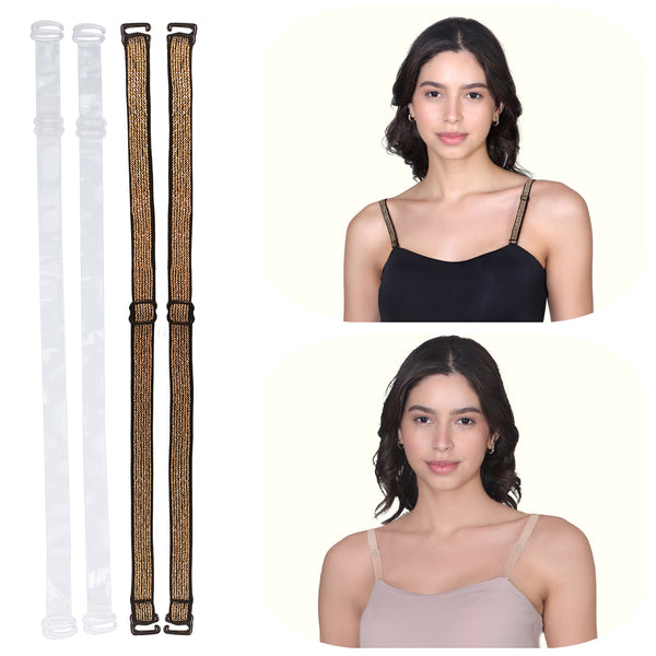 Adjustable Nylon Elastane Bra Strap For Women | Durable Straps for Bra | Transperent & Golden Pack of  2