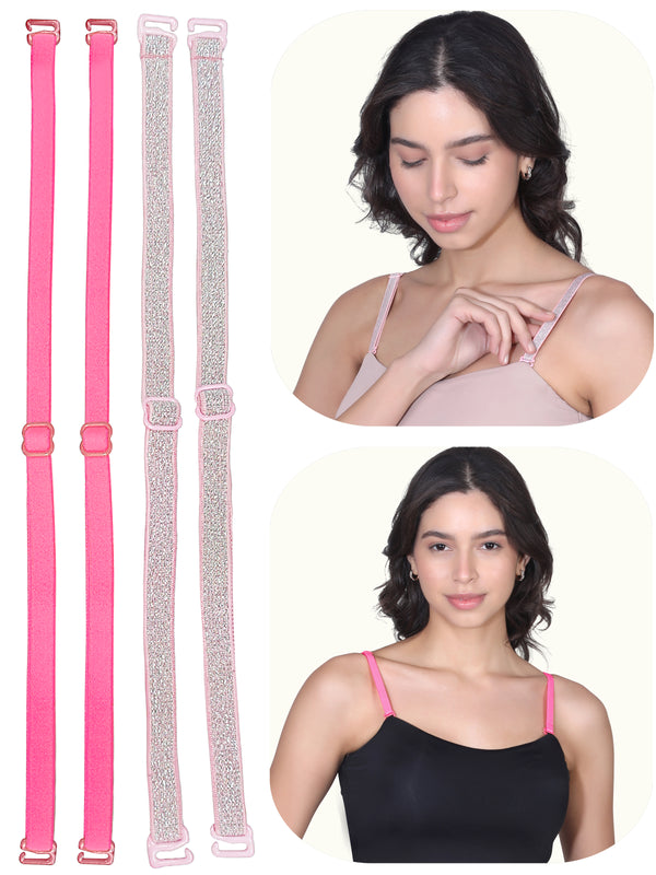 Adjustable Cotton Bra Strap For Women | Durable Straps for Bra | Neon Pink & Silver Pack of 2