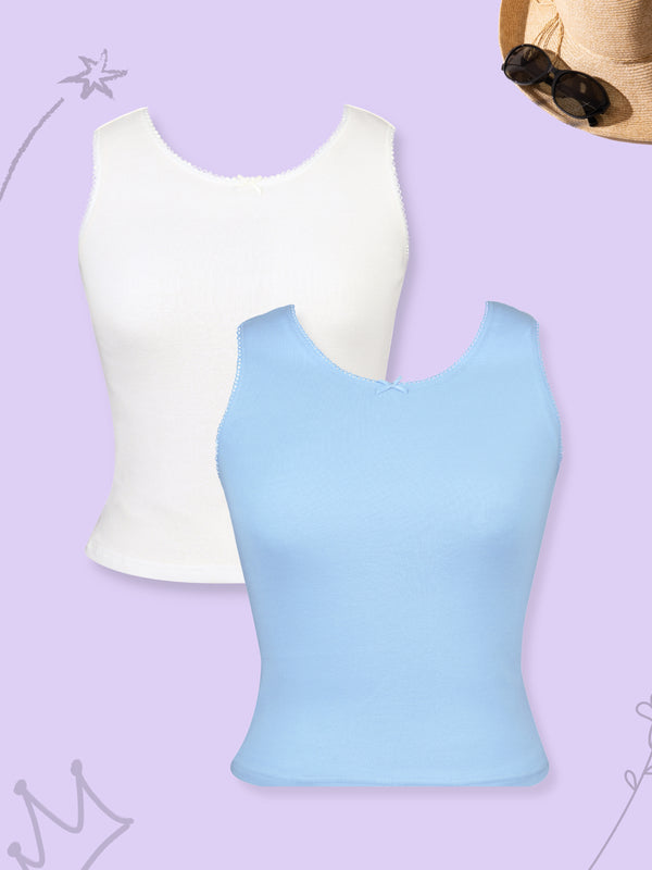 Girls Cotton Camisole Vest Tank Top | Pack of 2 - White & Blue - D'chica