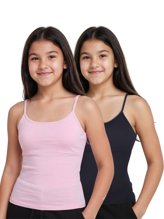 Pack of 2 Pink & Black  High Coverage Cotton Camisole Bra With Adjustable Strap For  Girls | D'chica Essentials