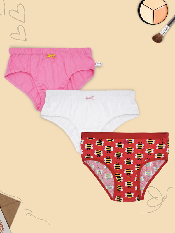 D'chica Set of 3 Soft Cotton Panties For Tween & Teen Girls Red Print/Solids