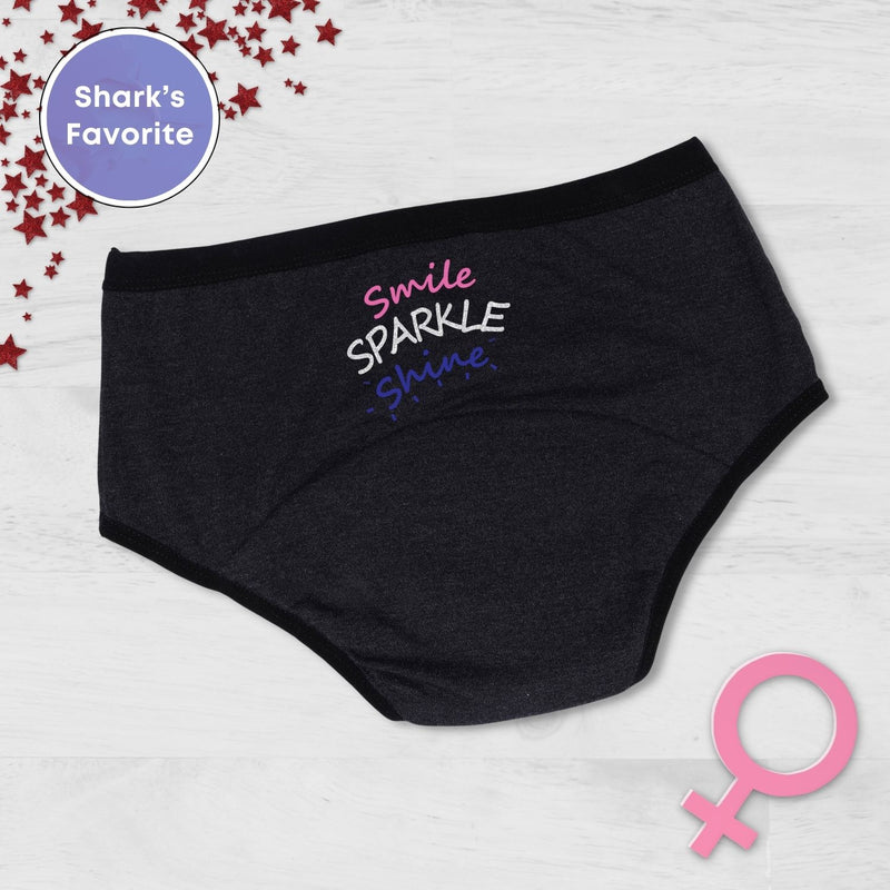 D'chica Smile Sparkle Shine Print Eco-Friendly Anti Microbial Lining Her Future Period Panties For Teen Girls, Pad-free Periods Dark Grey