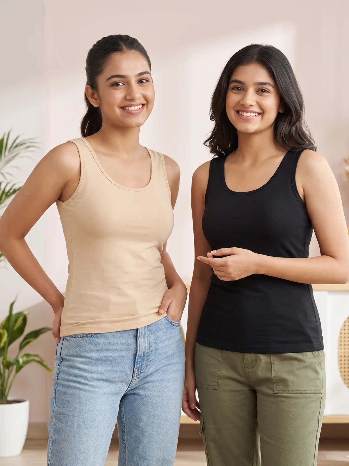 Pack of 2 Padded Tank Top For Girls Skin & Black | Soft & Supportive Fit for Daily Wear