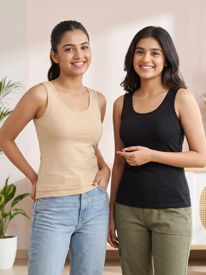 Pack of 2 Padded Tank Top For Girls Skin & Black | Soft & Supportive Fit for Daily Wear