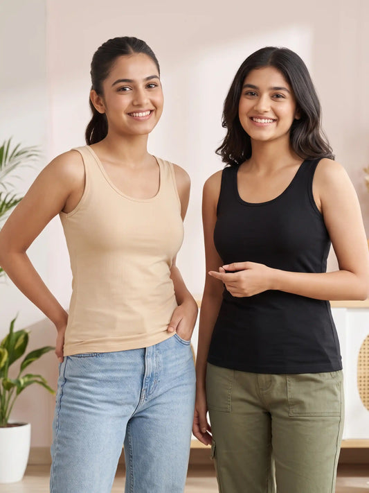 Pack of 2 Padded Tank Top For Girls Skin & Black | Soft & Supportive Fit for Daily Wear