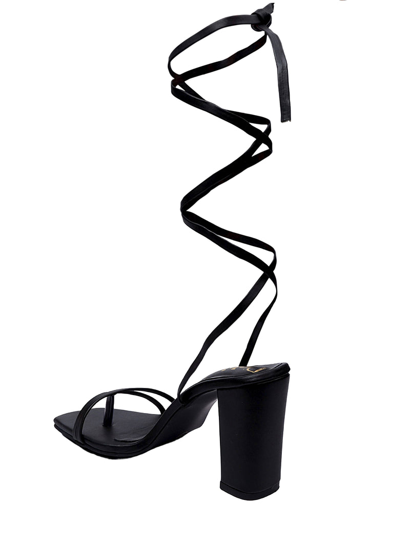 Handcrafted Lace Up Block Heel Sandal In Black Color - D'chica