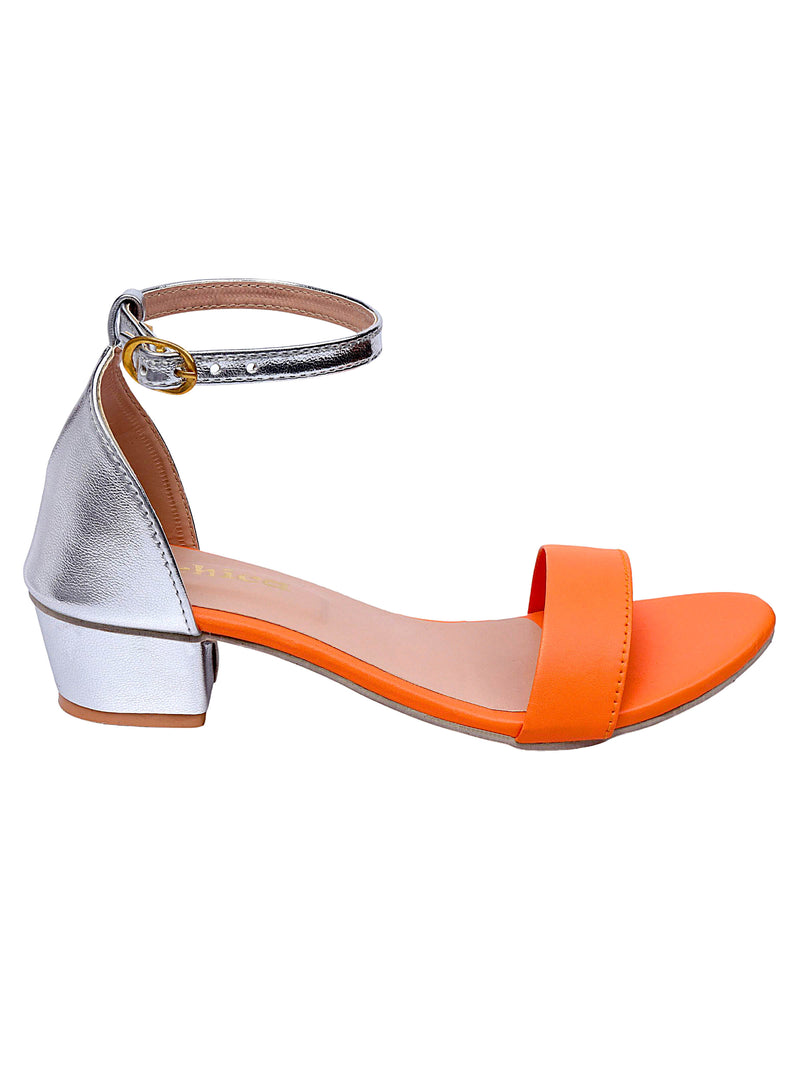 Orange & Silver Color Blocked Heel Sandal With Ankle Strap