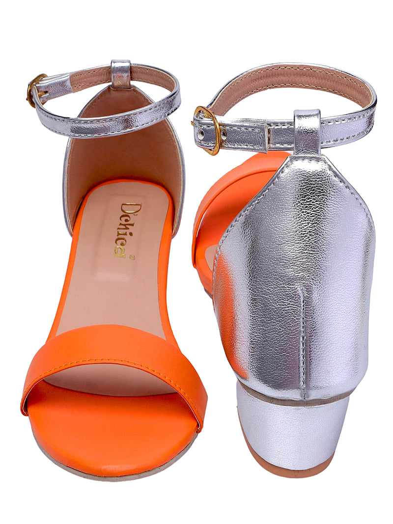 Orange & Silver Color Blocked Heel Sandal With Ankle Strap