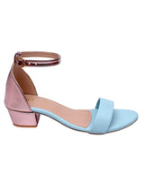 Sky Blue & Metallic Peach Color Blocked Heel Sandal With Ankle Strap - D'chica