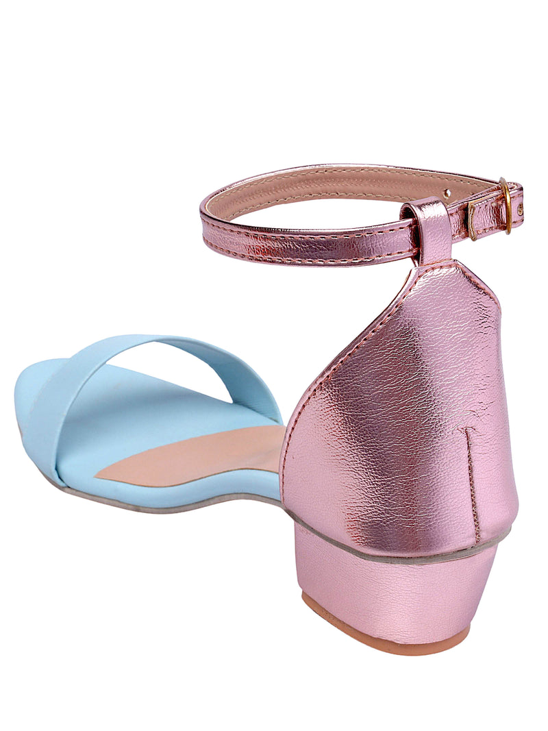 Sky Blue & Metallic Peach Color Blocked Heel Sandal With Ankle Strap - D'chica