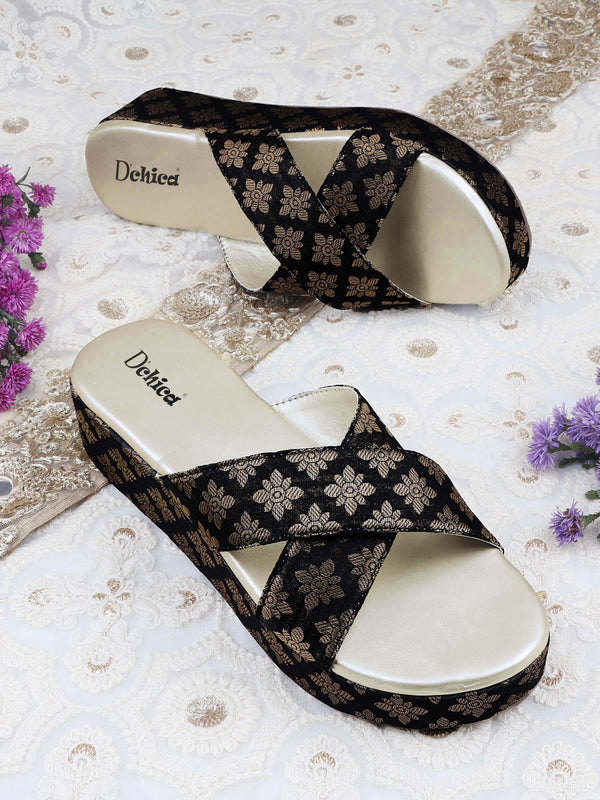 Embroidered Criss Cross Strap Wedge Heel Sandals | Black & Golden Ethnic/Party Footwear