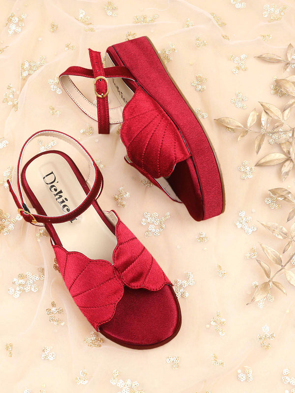 Satin Maroon Slingback Wedge Heels With Flower Shaped Straps (Pair Of 1)