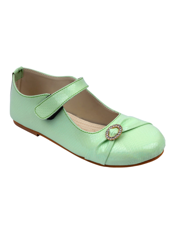 Green Textured Buckled Ballerinas With Straps (Pair Of 1)