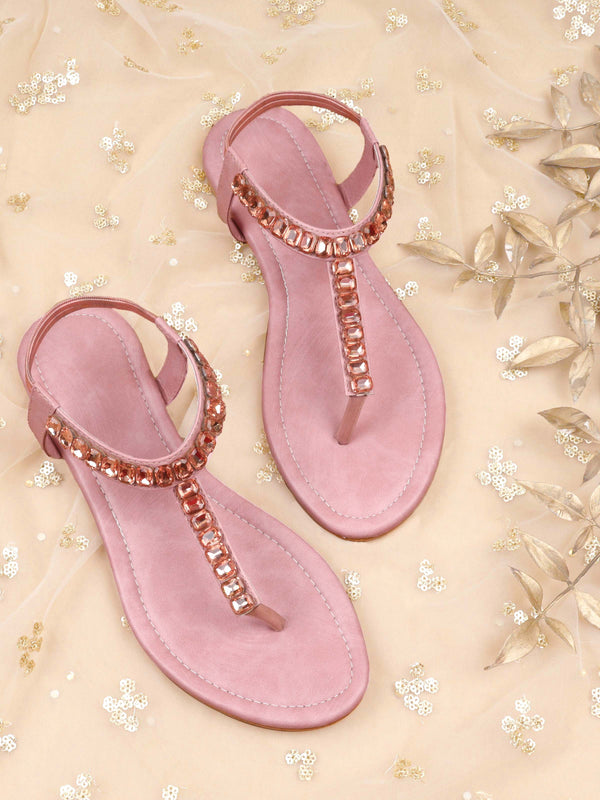 Stone Embellished Pink T-Strap Comfortable Flatsfor Girls/Women (Pair Of 1)