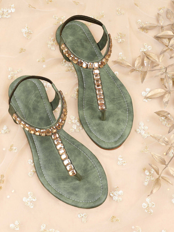 Stone Embellished Olive Green T-Strap Comfortable Flats for Women/Girls (Pair Of 1)