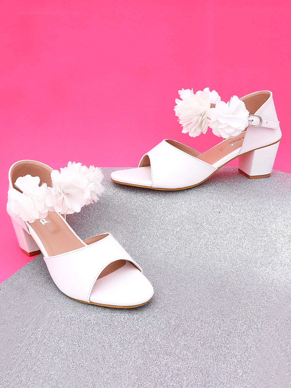 White Flower Ankle Strap Block High Heel Sandals