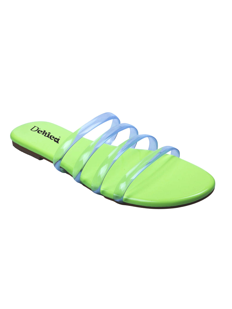 Transparent Strap Neon Green Flat Sandal | Pack of 1 - D'chica