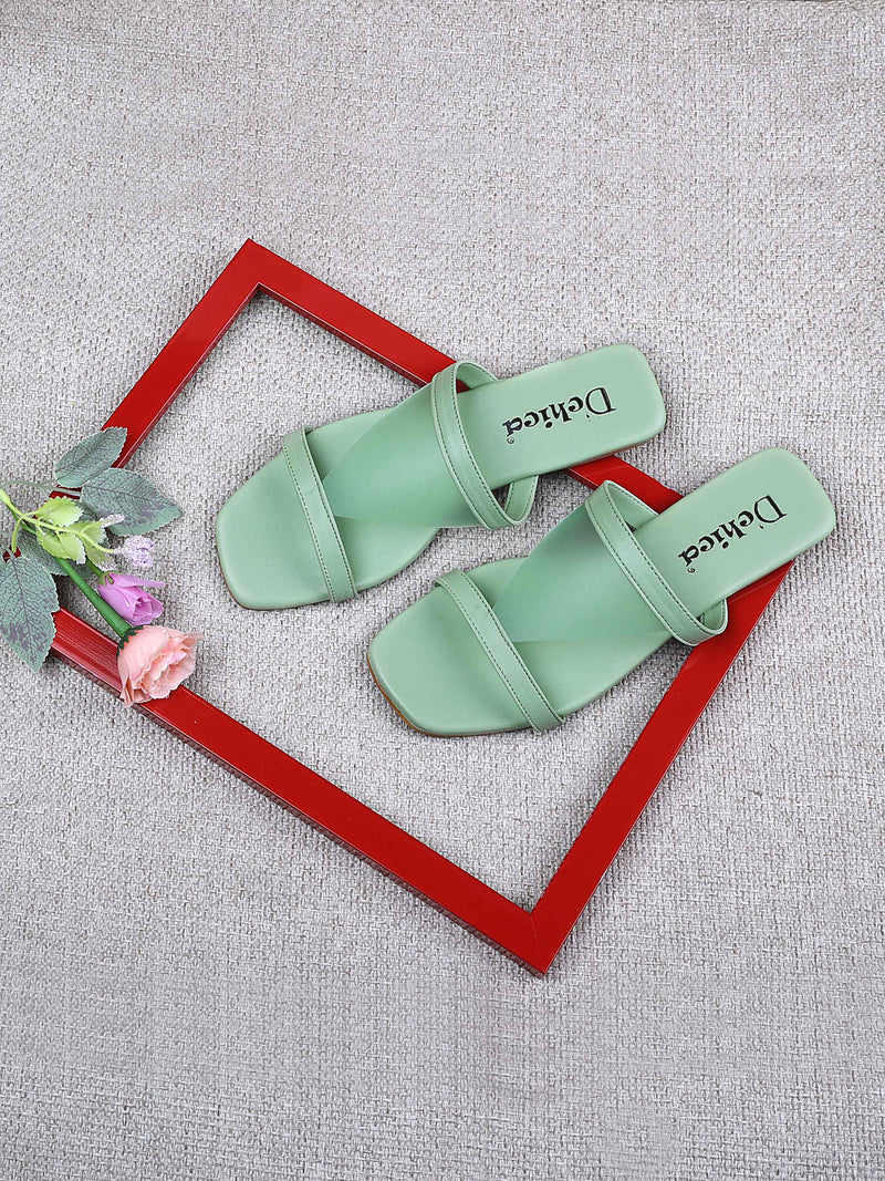Square Toe Green Flat Sandal | Pack of 1 - D'chica