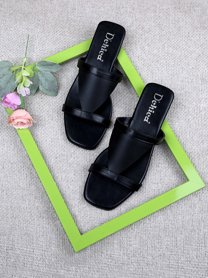 Square Toe Black Flat Sandal | Pack of 1 - D'chica