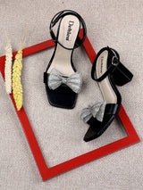 Fancy Bow Black Block Heels With Ankle Strap - D'chica