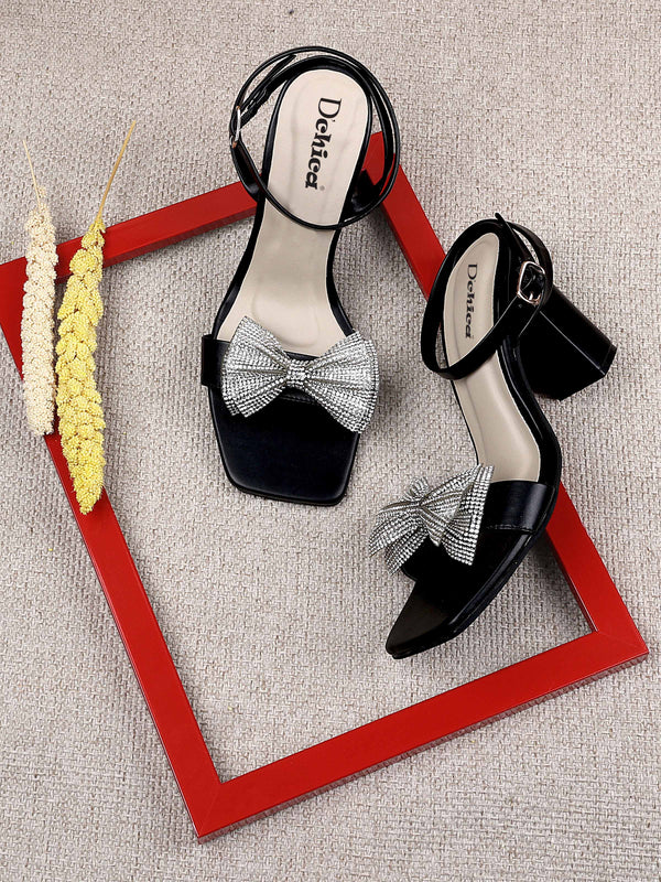 Fancy Bow Black Block Heels With Ankle Strap