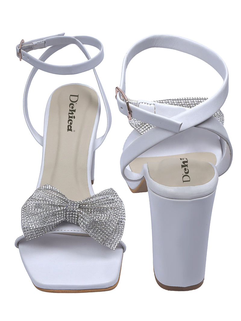 Fancy Bow White Block Heels With Ankle Strap | Pack of 1 - D'chica