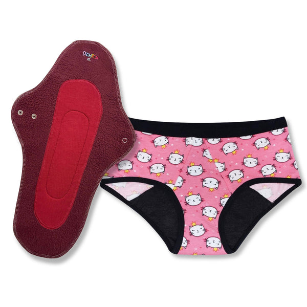 Rash-free & Skin-friendly Period Panty & Reusable Sanitary Pads Combo | Antimicrobial Lining | Lasts Up To 1.5 Years | Leakproof & Stain-Free | Pack of 2 Pink Cat Print Panty & Assorted Pad