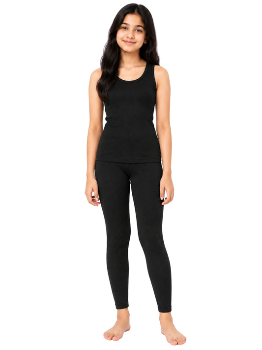 Pack of 1 | BlackThermal Tank Top & Leggings For Girls | Regular Fit Warm Thermal Set