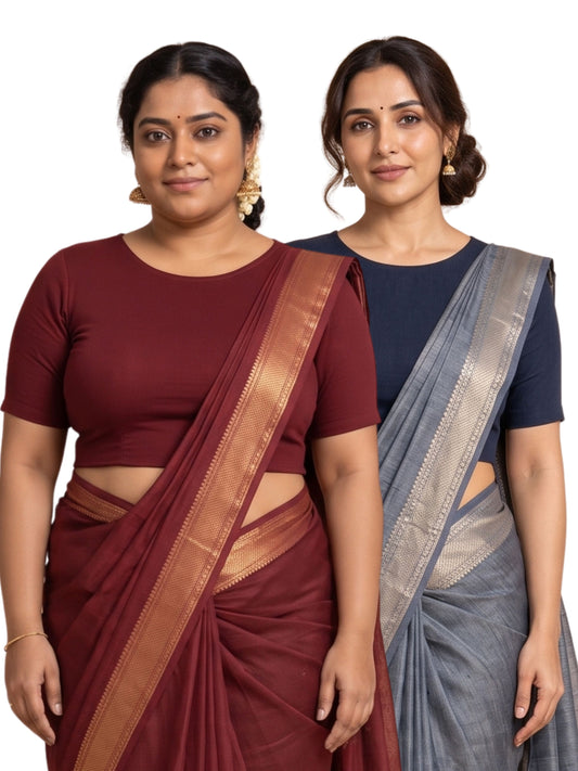 Pack-of-2-Classic-Full-Sleeve-Stretch-Saree-Blouse-Maroon-&-Navy-Blue-Non-Padded-&-Wire-Free