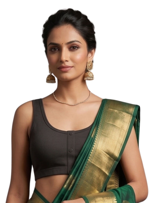 Pack of 1 Front-Open Padded Saree Blouse for Women- Black | Wire-Free | Viscose Spandex | Full Coverage | Size S - 4XL