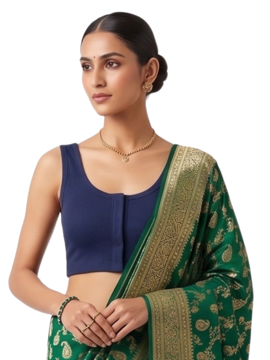 Pack of 1 Front Open Padded Saree Blouse for Women - Navy Blue | Wire-Free | Viscose Spandex | Full Coverage | Size S - 4XL