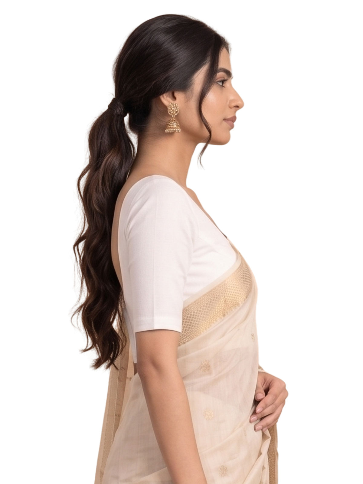 Pack of 1 Front Open Padded Full Sleeve Wire-Free Viscose Spandex  Women - White Saree Blouse