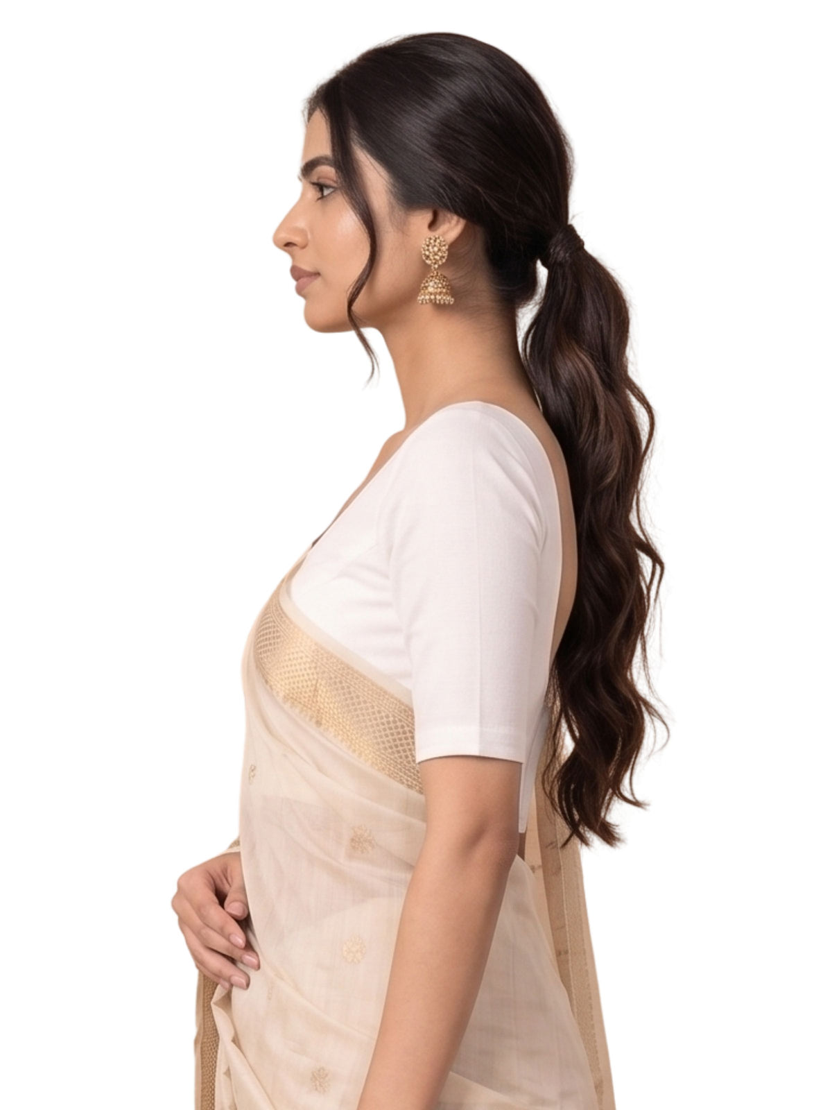 Pack of 1 Front Open Padded Full Sleeve Wire-Free Viscose Spandex  Women - White Saree Blouse