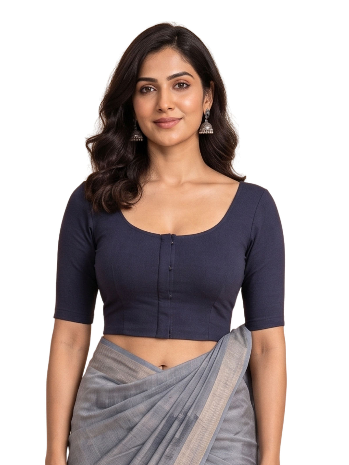 Pack of 1 Front Open Padded Full Sleeve Wire-Free Viscose Spandex Navy Blue  Women Saree Blouse