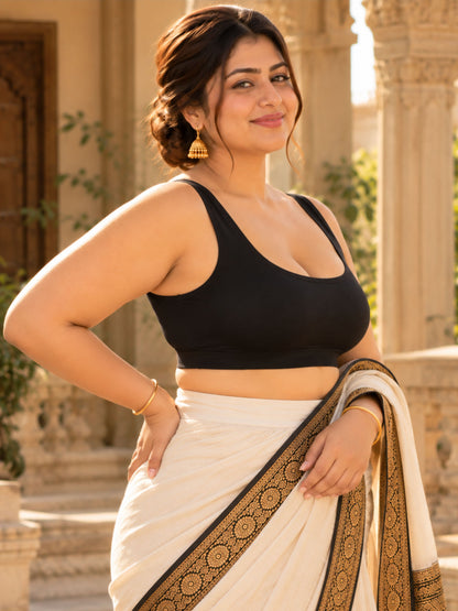 Pack of 1 Deep  Neck Sleeveless Padded Saree Blouse for Women- Black | Wire-Free | Viscose Spandex | Full Coverage |