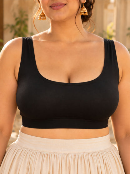 Pack of 1 Deep  Neck Sleeveless Padded Saree Blouse for Women- Black | Wire-Free | Viscose Spandex | Full Coverage |