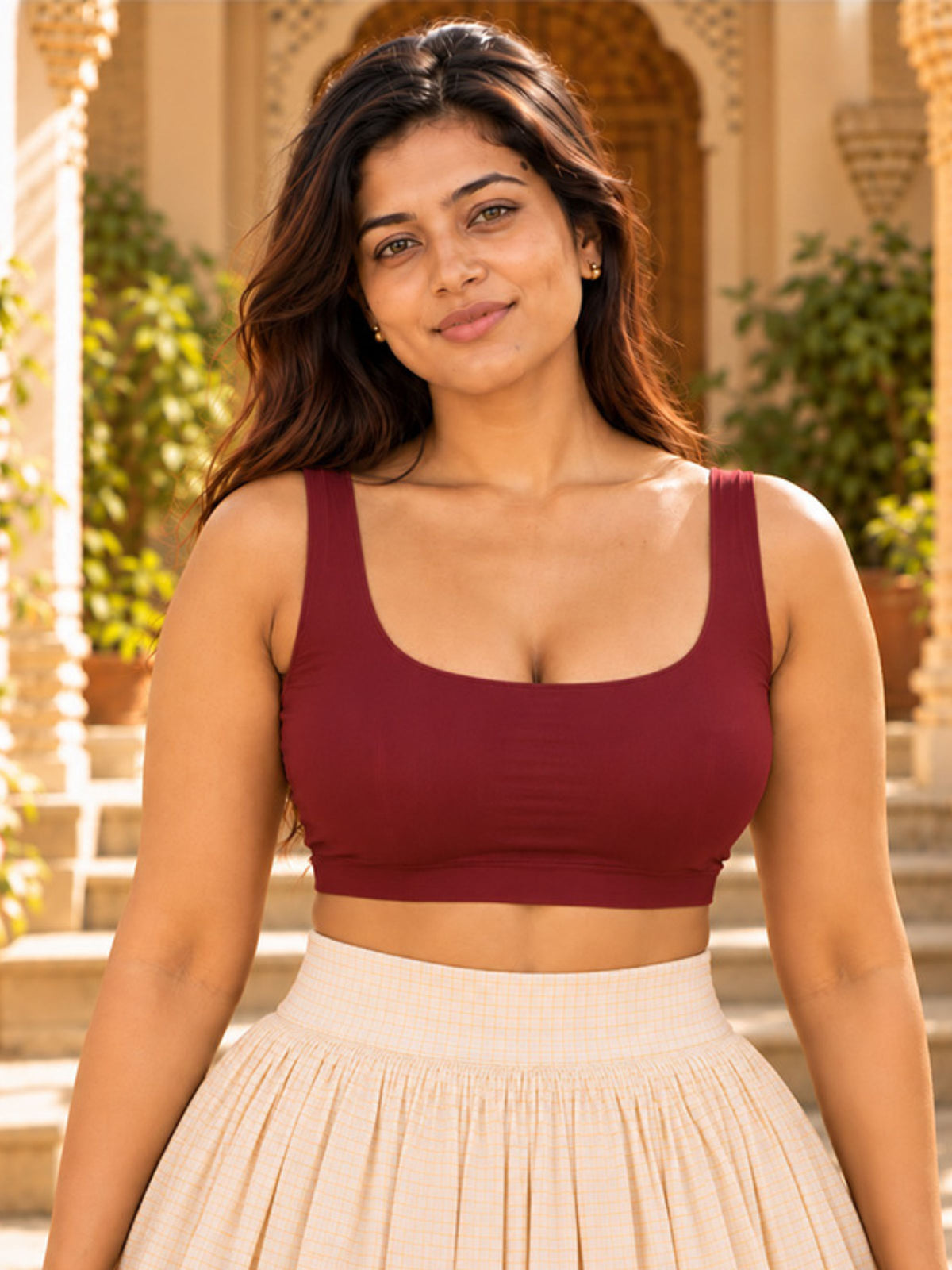 Pack of 1 Deep  Neck Sleeveless Padded Saree Blouse for Women- Maroon | Wire-Free | Viscose Spandex | Full Coverage |