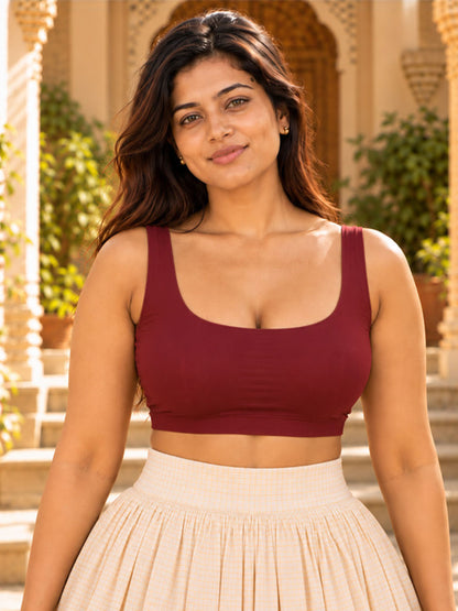 Pack of 1 Deep  Neck Sleeveless Padded Saree Blouse for Women- Maroon | Wire-Free | Viscose Spandex | Full Coverage |